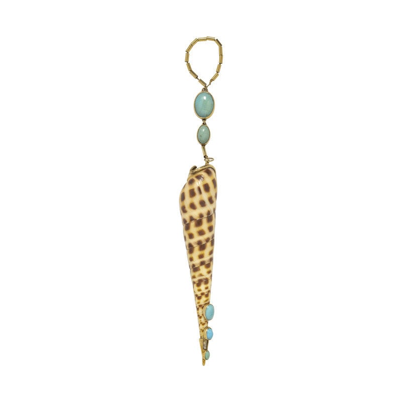 MARGUERITE STIX, SHELL AND TURQUOISE PENDANT: MARGUERITE STIX, SHELL AND TURQUOISE PENDANT Shell and oval cabochon turquoise. 14K yellow gold. 9 inches long.Stamp: STIX 14K.Gross weight: 22.50 dwt. This lot is located in Chicago.