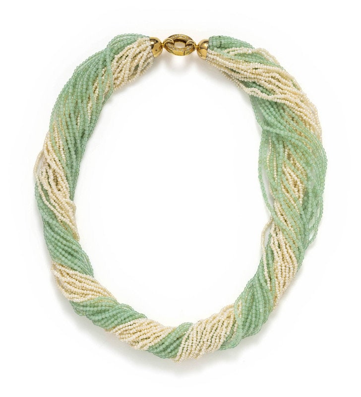 CULTURED SEED PEARL AND GREEN BEAD TORSADE NECKLACE: CULTURED SEED PEARL AND GREEN BEAD TORSADE NECKLACE Cultured seed pearls and green beads strung with a 14K yellow gold and round brilliant cut diamond clasp. 20 inches long. Stamp: 585 (Italian 