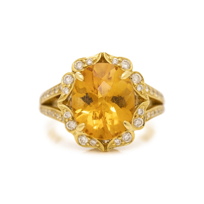 CHARLES KRYPELL, YELLOW GOLD, CITRINE AND DIAMOND RING: CHARLES KRYPELL, YELLOW GOLD, CITRINE AND DIAMOND RING Oval checkerboard cut citrine and round brilliant cut diamonds. 18K yellow gold. Ring size 5. Stamp: KRYPELL 18KT DO69 PLAT.Gross weight: 6.