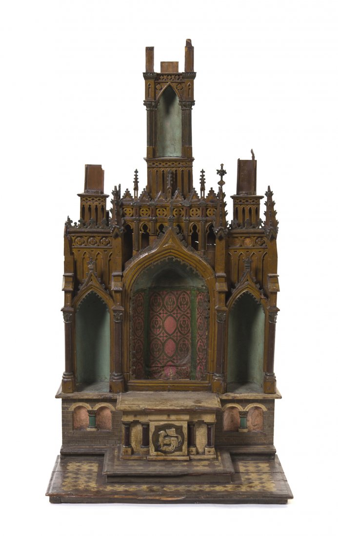 A Polychrome Decorated Model of a Gothic Cathedral,: A Polychrome Decorated Model of a Gothic Cathedral, having four recessed compartments beneath lancet arches, with quatrefoil forms and tracery throughout. Height 40 inches.