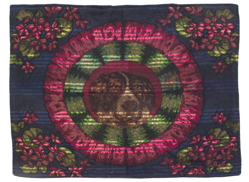 A Victorian Wool Carriage Blanket, 4 feet 11 1/2 i: A Victorian Wool Carriage Blanket, having a central image of a hound surrounded by a green and red cartouche on a blue field with floral borders at the corners. 4 feet 11 1/2 inches x 3 feet 9 5/8 inc