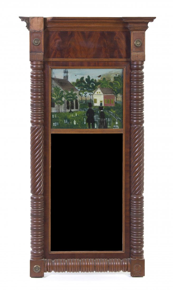 An American Classical Mahogany Mirror, Height 45 i: An American Classical Mahogany Mirror, having a molded block front cornice over the eglomise panel depicting two mourning figures in a graveyard near a chapel, the whole framed in ring and twist half 