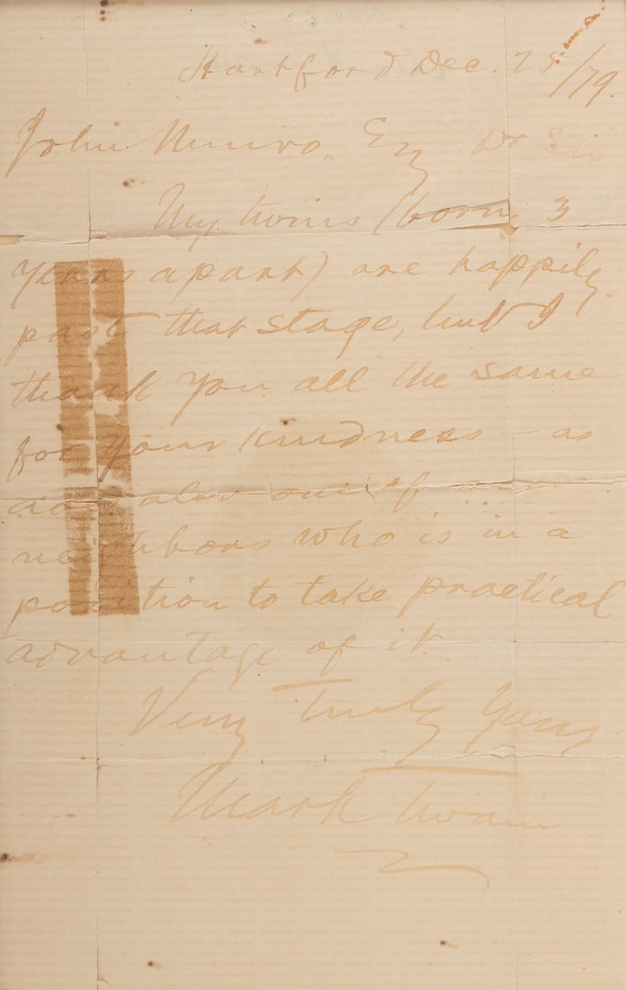 CLEMENS, Samuel ("Mark Twain"). Autograph note signed. 1879. (1 of 3)