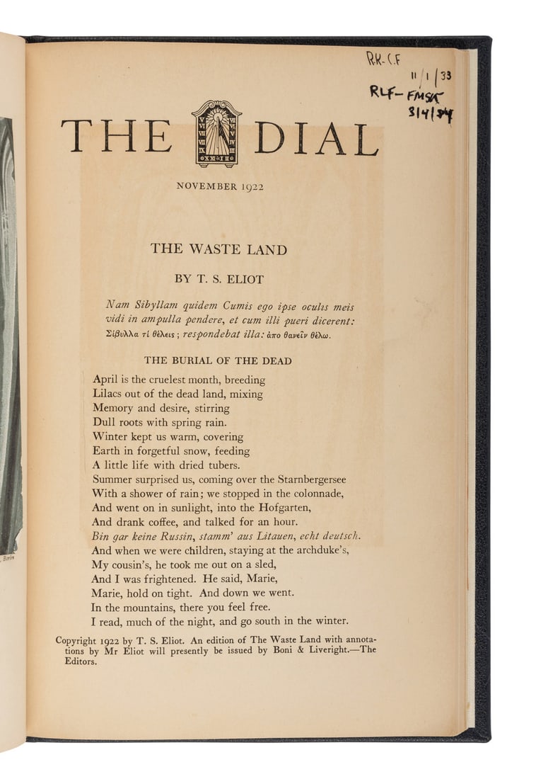ELIOT, T. S. "The Waste Land." In: The Dial. November 1922. FIRST AMERICAN PRINTING OF ELIOT'S "THE (1 of 2)