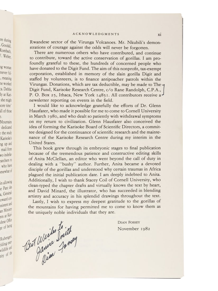 FOSSEY, Dian. Gorillas in the Mist. FIRST EDITION. PRESENTATION COPY. (1 of 2)