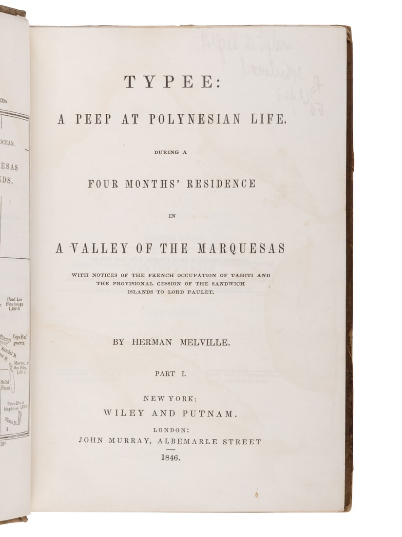 MELVILLE, Herman. Typee. FIRST AMERICAN EDITION. MELVILLE’S FIRST BOOK.: MELVILLE, Herman (1819-1891). Typee: A Peep at Polynesian Life. During a Four Months’ Residence in a Valley of the Marquesas. New York & London: Wiley and Putnam, John Murray, 1846. 2 volumes in