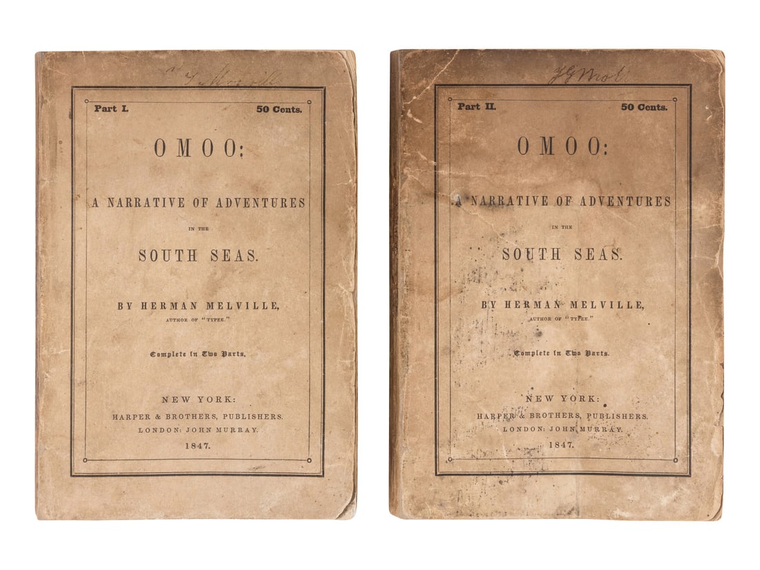 MELVILLE, Herman. Omoo. FIRST AMERICAN EDITION IN THE RARE ORIGINAL WRAPPERS.: MELVILLE, Herman (1819-1891). Omoo: A Narrative of Adventures in the South Seas. New York & London: Harper & Brothers, John Murray, 1847. 2 volumes, 8vo. Half-title printed in red, title-page printed