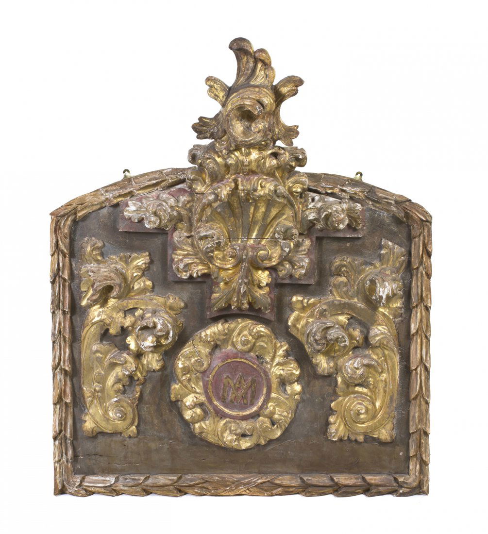 A Louis XV Style Carved, Painted and Parcel Gilt O: A Louis XV Style Carved, Painted and Parcel Gilt Overdoor Panel, having a Rococo style crown over a shell flanked by scrolling foliate decoration centered with a medallion bearing the initials M.A., s