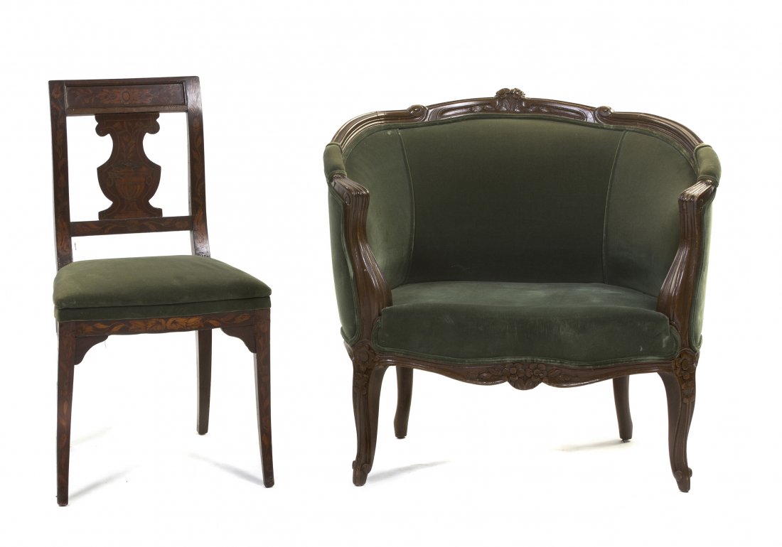 A Louis XV Style Bergere, Height of first 33 1/8 i: A Louis XV Style Bergere, having a carved floral crest over the upholstered back, sides and seat, raised on carved cabriole legs, together with a Continental inlaid side chair having an urn form splat