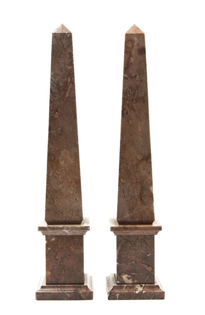 A Pair of Marble Obelisks, Height 19 1/2 inches.: A Pair of Marble Obelisks, of typical form with veining throughout. Height 19 1/2 inches.