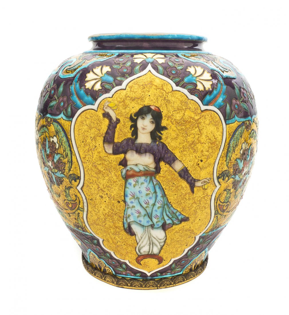 A French Polychrome Decorated Ceramic Urn, Joseph-: A French Polychrome Decorated Ceramic Urn, Joseph-Theodore Deck, of baluster form, decorated in the Orientalist taste with floral and foliate motifs throughout, the central medallion depicting a danci