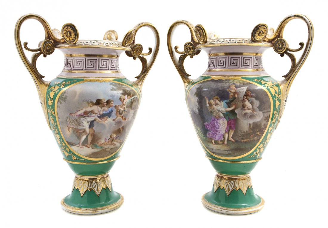 A Pair of Paris Porcelain Vases, Height 18 inches.: A Pair of Paris Porcelain Vases, each of baluster form with scrolling handles and a band of Greek key decoration to the neck, having opposing painted cartouches depicting figural scenes and sprays of 