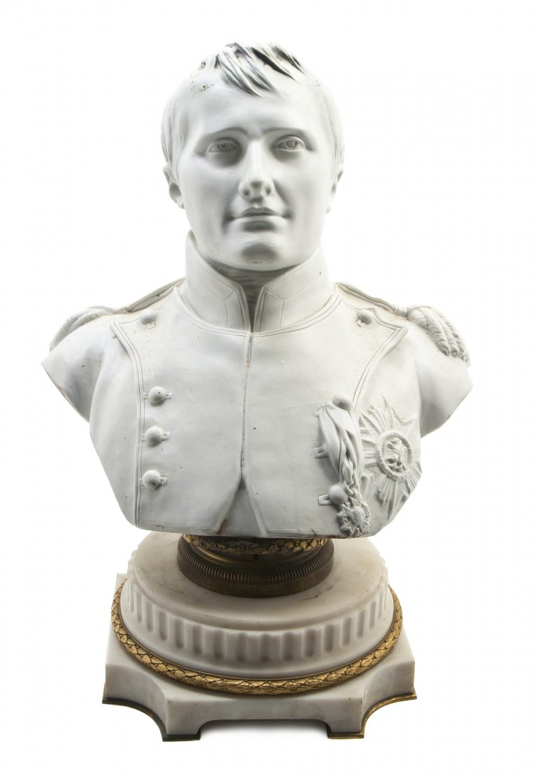 A Continental Blanc de Chine Bust of Napoleon, Hei: A Continental Blanc de Chine Bust of Napoleon, realistically modeled and set on a marble and gilt bronze socle. Height 22 inches. Property from the Collection of Ernie Diebold, Rockford, Illinois