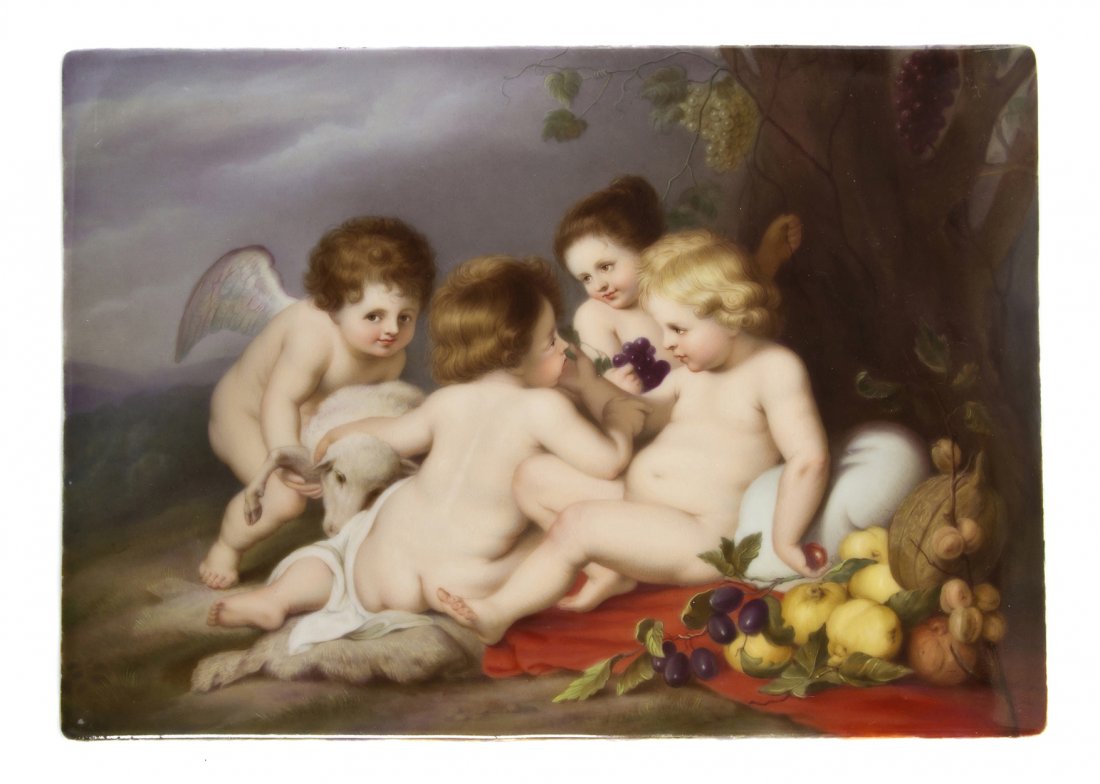 A Berlin (K.P.M.) Porcelain Plaque, Height 6 7/8 x: A Berlin (K.P.M.) Porcelain Plaque, depicting four putti with a lamb in a landscape after Peter Paul Rubens, titled to verso Kinder nach Rubens, impressed with K.P.M., scepter mark and numbered 808. H