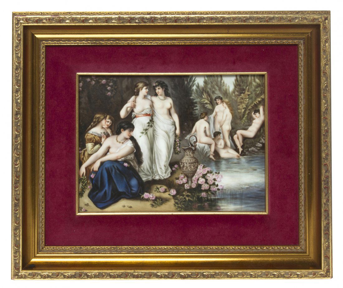 A Berlin (K.P.M.) Porcelain Plaque, Height 6 5/8 x: A Berlin (K.P.M.) Porcelain Plaque, depicting maidens bathing in a stream, set in a giltwood frame, impressed with K.P.M., scepter mark, numbered 205-195. Height 6 5/8 x width 9 inches.