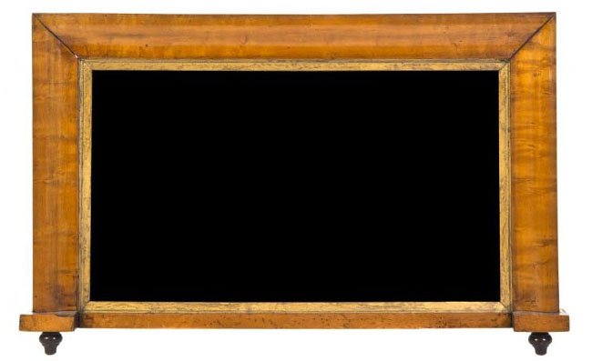 A Biedermeier Maple Overmantel Mirror, Height 21 1: A Biedermeier Maple Overmantel Mirror, the plate of rectangular form set within a conforming, molded frame, having two pendant finials. Height 21 1/4 x width 34 3/4 inches.