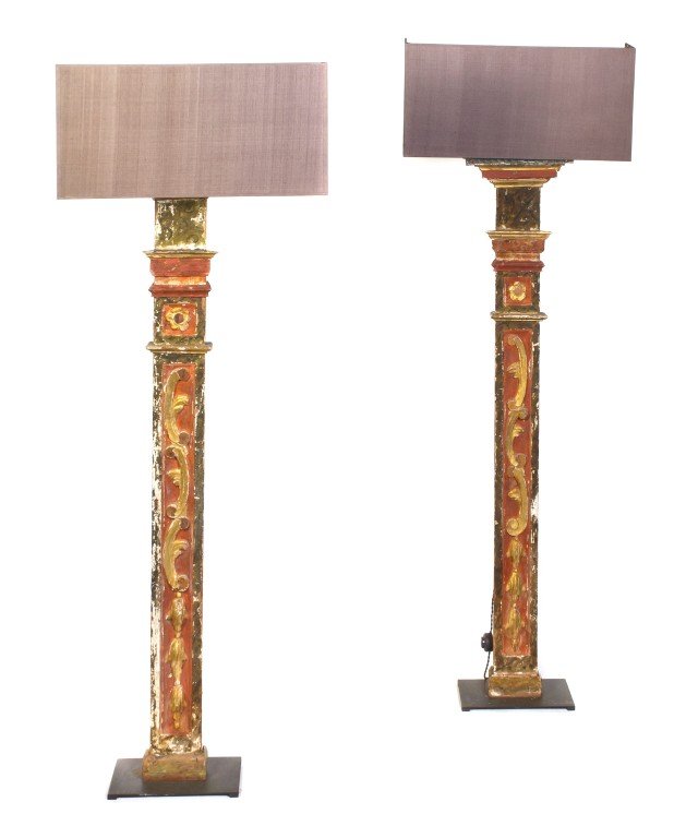 A Pair of Painted and Parcel Gilt Architectural Pi: A Pair of Painted and Parcel Gilt Architectural Pilasters, each of rectangular baluster form with foliate decoration, mounted as floor lamps. Height 58 3/4 inches.