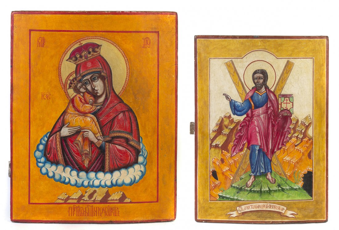 Two Byzantine Style Painted and Parcel Giltwood Ic: Two Byzantine Style Painted and Parcel Giltwood Icons, each of rectangular form, one depicting the Madonna and Child, the other depicting Christ the Pantocrator. Height of taller 16 3/8 x width 14 3/8