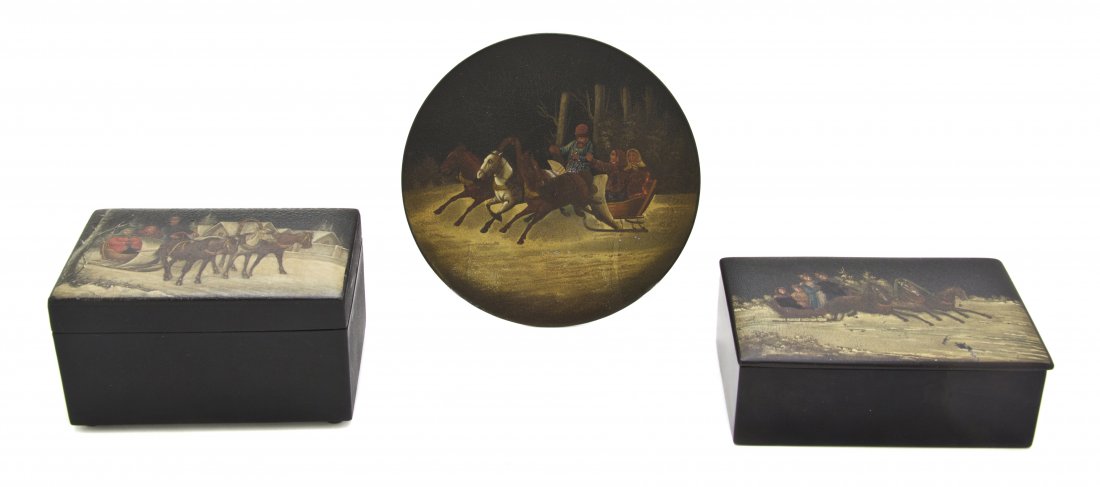 Two Russian Lacquered Boxes, Width of widest 5 1/4: Two Russian Lacquered Boxes, each of rectangular form depicting a troika scene together with an associated plate. Width of widest 5 1/4 inches. Property from the Estate of William P. Tarzwell, Elgin, 