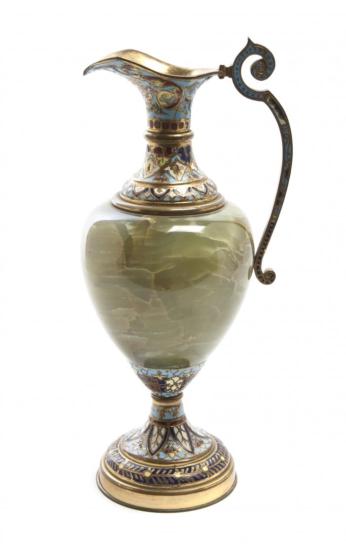 A French Onyx, Champleve and Gilt Bronze Mounted D: A French Onyx, Champleve and Gilt Bronze Mounted Decorative Ewer, of baluster form with an applied scrolling handle, raised on a circular foot, the base impressed A.G 165. Height 9 1/4 inches.