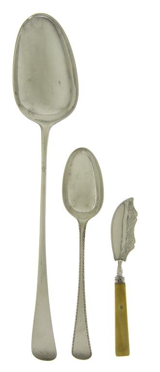 An English Silver Stuffing Spoon, Length of longes: An English Silver Stuffing Spoon, second half 18th century, together with an 1821 ivory handled butter spreader by William Lea & Co. and an associated serving spoon stamped ER; approximate weight of s