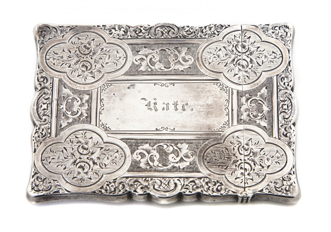A French Silver Card Case, Height 3 1/2 inches.: A French Silver Card Case, maker's mark AC & JO, of rectangular form with a hinged lid, set in an embossed leather presentation case; approximate weight 1.48 ozt. Height 3 1/2 inches.