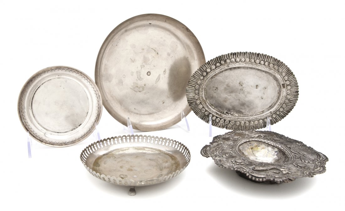 A Collection of Silver Articles, Diameter of large: A Collection of Silver Articles, comprising a Turkish silver bowl, a middle eastern oval tray, an unmarked oval footed bowl with repousse animals and Rococo decoration, a continental dish and a footed