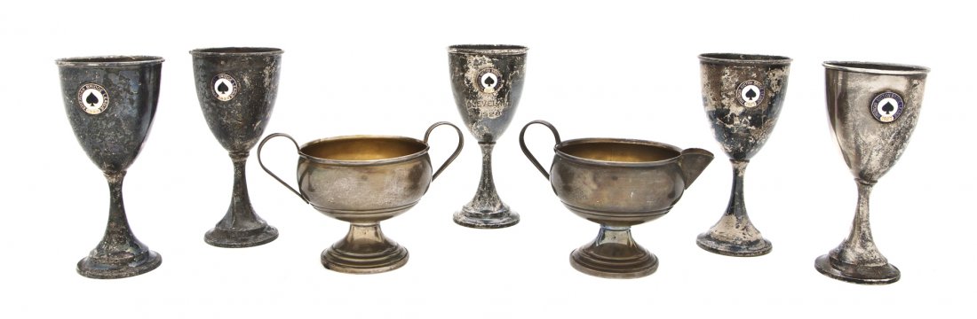An American Sterling Silver Creamer and Sugar Set,: An American Sterling Silver Creamer and Sugar Set, Arrowsmith, weighted, together with five International sterling silver chalices enameled with emblems for the American Auction Bridge Club; approxima