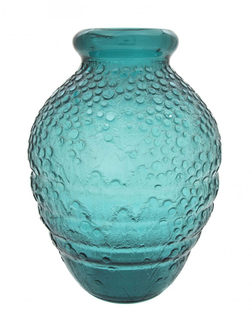 A Daum Art Deco Glass Vase, Height 13 1/4 inches.: A Daum Art Deco Glass Vase, of ovoid form having clear circular decoration on a chipped ice ground, signed Daum Nancy France. Height 13 1/4 inches.