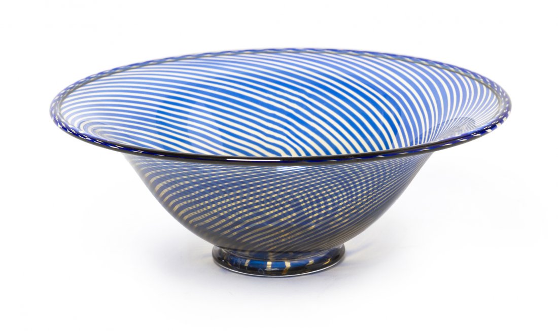 An Orrefors Glass Bowl, Edward Hald, Diameter 8 i: An Orrefors Glass Bowl, Edward Hald, of circular form with blue swirl and light color decoration, signed to base, further marked S Graal #755-F. Diameter 8 inches. Property from the Collection of A. P