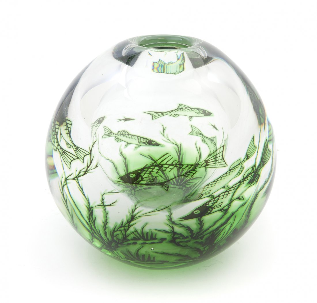 An Orrefors Glass Graal Vase, Edward Hald, Height: An Orrefors Glass Graal Vase, Edward Hald, of spherical form with internal decoration of fish and seaweed. Height 4 3/4 inches. Property from the Collection of A. Phillip Trier, Wilmette, Illinois