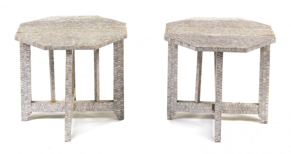 A Pair of Mother-of-Pearl Veneered Drop-Leaf Occa: A Pair of Mother-of-Pearl Veneered Drop-Leaf Occasional Tables, having a rectangular top opening to octagonal, raised on a series of gate legs joined by stretchers. Height 16 inches. Property from the