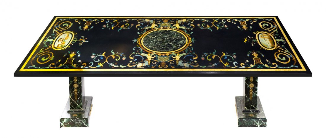 A Polychrome Decorated Dining Table, Height 28 1/: A Polychrome Decorated Dining Table, having Baroque style decoration throughout of scrolling foliage with shaped cartouches depicting figural scenes and faux hardstone panels, raised atop faux marble 