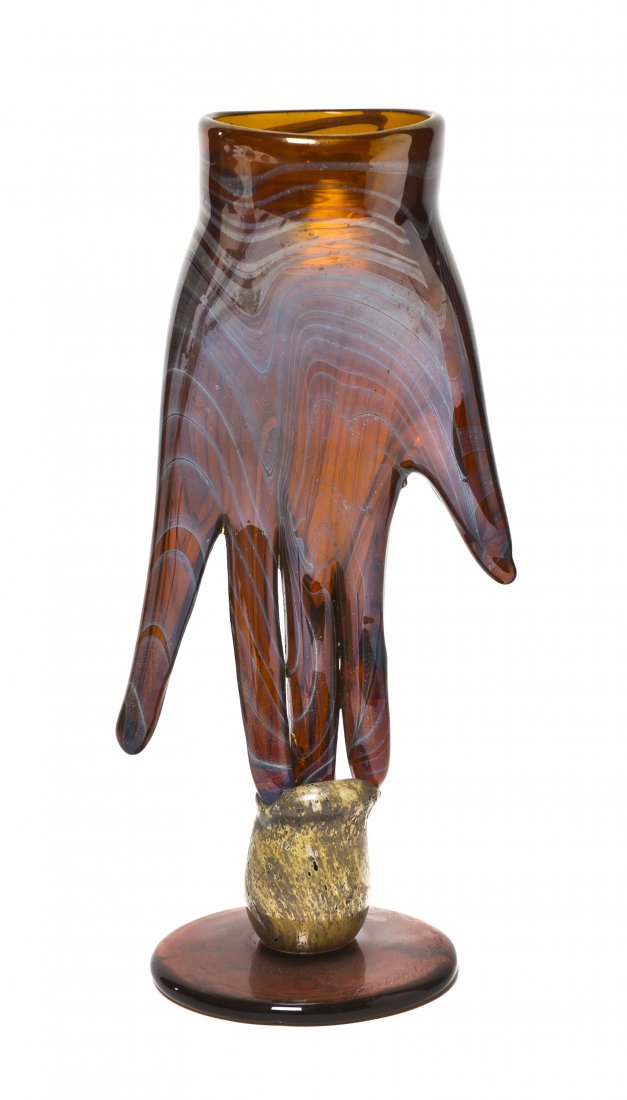 A Studio Glass Hand, Joel Philip Myers, Height 9 : A Studio Glass Hand, Joel Philip Myers, having iridescent scrolled decoration, raised on a circular foot. Height 9 3/4 inches. Property from the Collection of A. Phillip Trier, Wilmette, Illinois