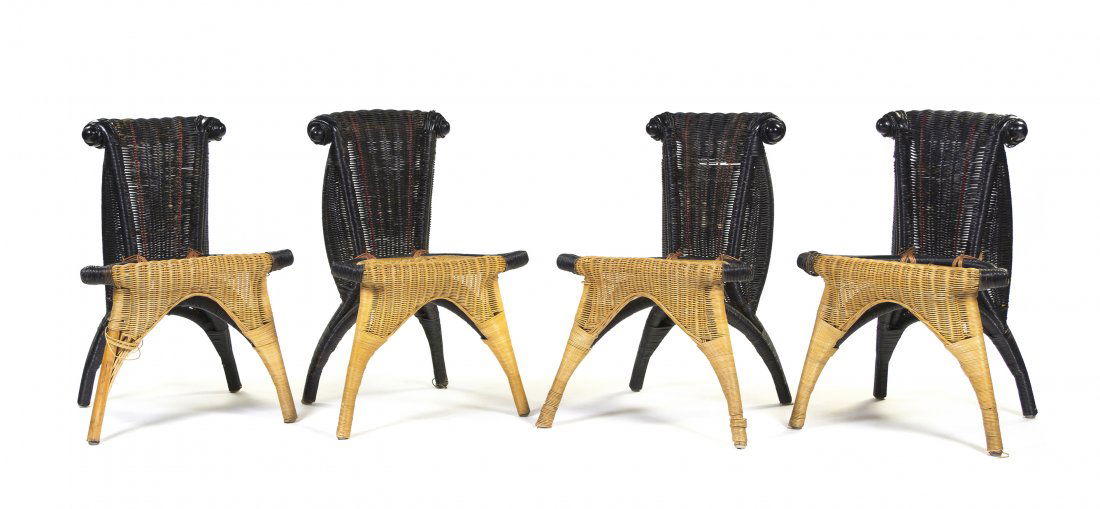 A Set of Four Wicker Side Chairs, Borek Sipek, H: A Set of Four Wicker Side Chairs, Borek Sipek, of two tones, having a tapering back over the rounded seat, raised on tubular supports joined by stretchers. Height 30 1/2 inches. Property from the Coll