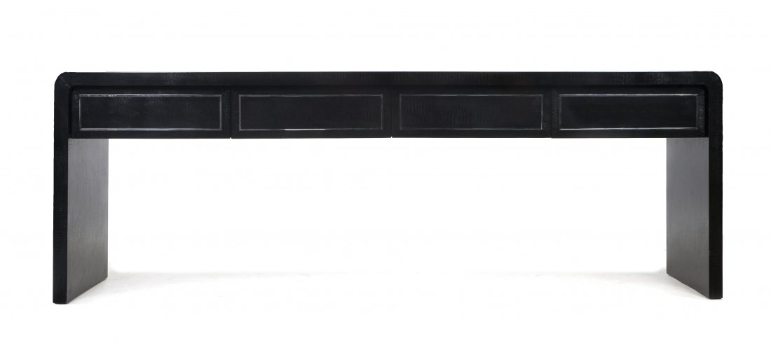 A Contemporary Lizard Skin and Chromed Sideboard,: A Contemporary Lizard Skin and Chromed Sideboard, in the manner of Karl Springer, having a rectangular top with curved sides over a plain frieze set with four drawers, raised on twin supports. Height