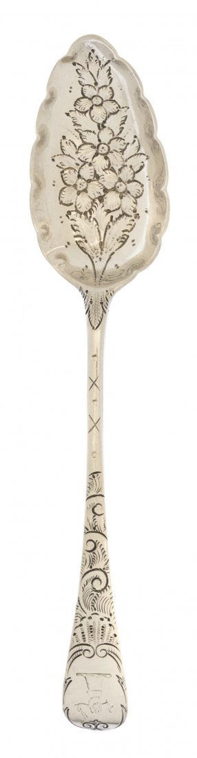 An English Silver Berry Spoon, George Smith (III): An English Silver Berry Spoon, George Smith (III) and William Fearn,London, 1798, with a foliate decorated bowl and a bright cut handle; approximate weight 2.26 ozt. Length 8 3/4 inches.