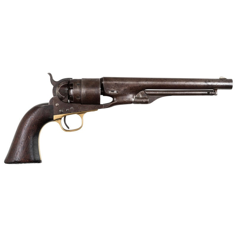Martially Marked Colt Model 1860 Army Revolver: Martially Marked Colt Model 1860 Army Revolver American Civil War .44" Caliber. 8" barrel length. SN: 27507. (Mfg. Ca 1862) Blued and casehardened metal finish with brass triggerguard and mounting one