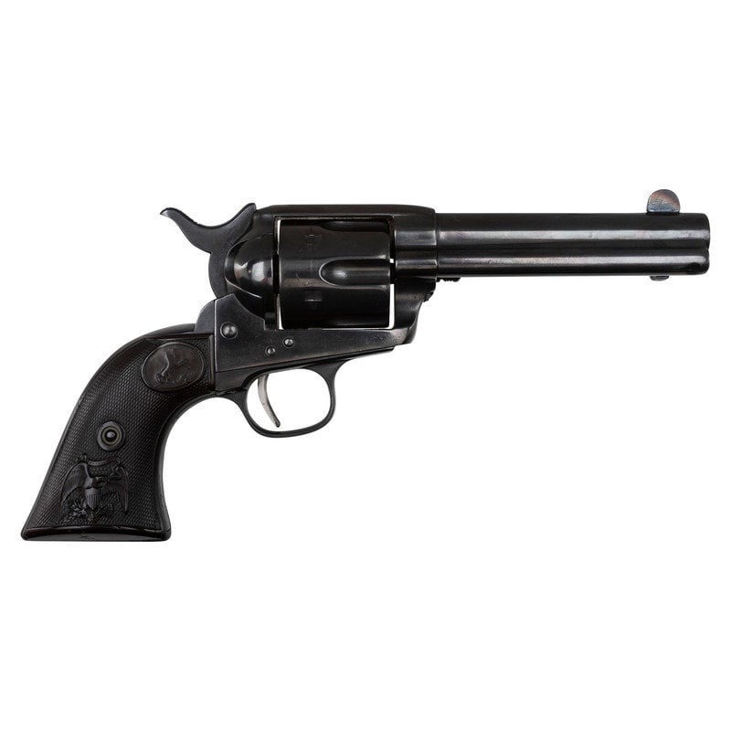 Refinished 1st Generation Colt Single Action Army Revolver : Refinished 1st Generation Colt Single Action Army Revolver .45 LC. 4.75" barrel length. SN: 125057. (Mfg. Ca 1888) Blued metal finish overall and mounting checkered hardrubber {Rampant Colt} logo grip