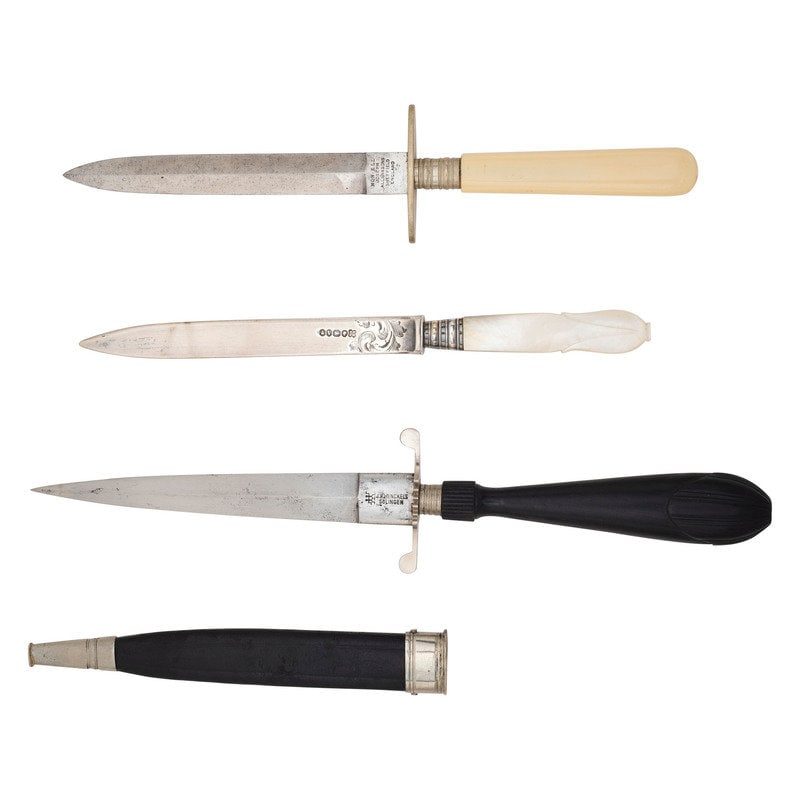 Lot of 3 Small Dirks, one Sterling: Lot of 3 Small Dirks, one Sterling 1.) Sterling Small Dirk - 4.5" blade. 7.5" overall. Single edged spear point blade with scroll engravings to ricassos and five sterling hallmarks. Grip appears to be