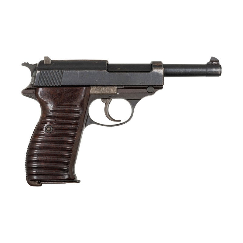 ** Walther P.38 ac 45 Code Pistol: ** Walther P.38 ac 45 Code Pistol World War II 9mm Para. 4.9" barrel length. SN: 3156b. Blued metal finish with rough late war machined surfaces and mounting brown Bakelite grips. DA/SA short recoil o