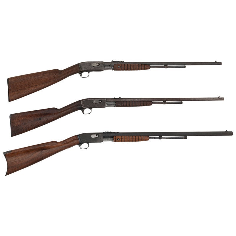 ** Lot of 3 Remington Model 12 Rifles: ** Lot of 3 Remington Model 12 Rifles 1.) .22 S/L/LR. 22" barrel length. SN: 537332. Blued metal finish. Two piece walnut stock has a plain straight grip and grooved forearm. Slide action ri