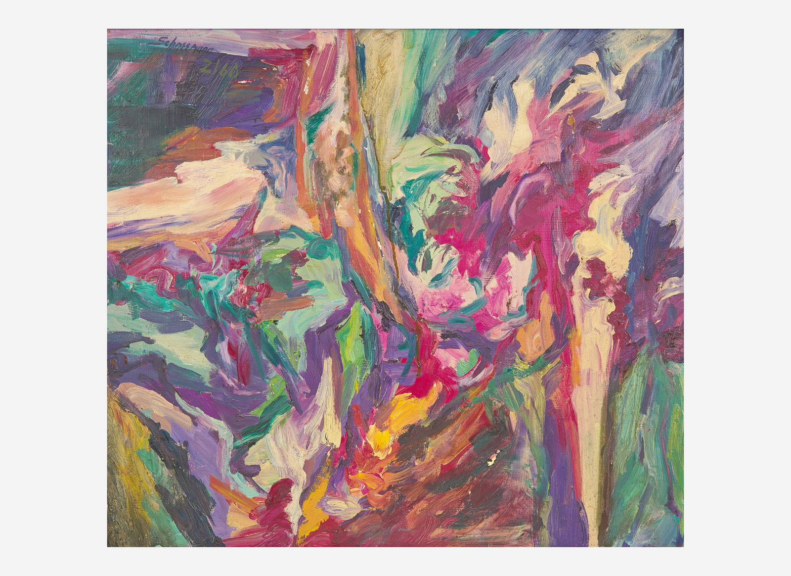 Carolee Schneemann (American, 1939-2019), Palliation II (Armenian): Carolee Schneemann (American, 1939-2019), Palliation II (Armenian) Signed and dated 2/60 top left, signed and dated again and titled verso, oil on masonite. 22 5/8 x 25 5/8 in. (57.5 x 65.1cm) P