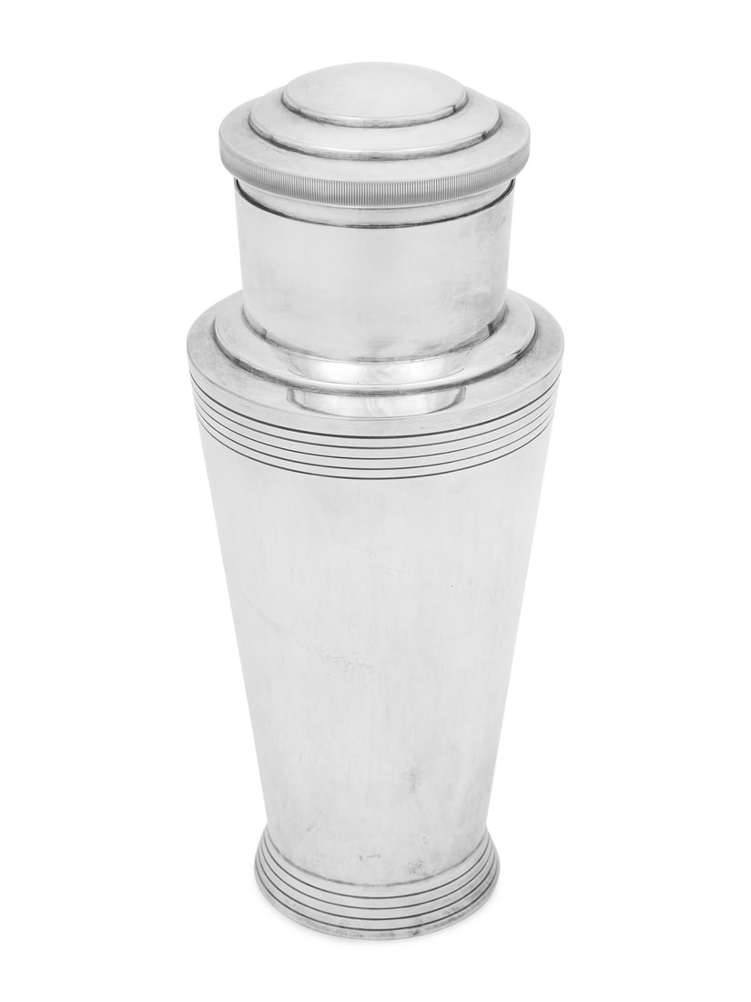 A Mappin and Webb Silver-Plate Art Deco Cocktail Shaker: A Mappin and Webb Silver-Plate Art Deco Cocktail Shaker Designed by Keith Murray, Circa 1935 Height 9 1/2 x diameter 4 1/2 inches. This lot is located in Chicago.