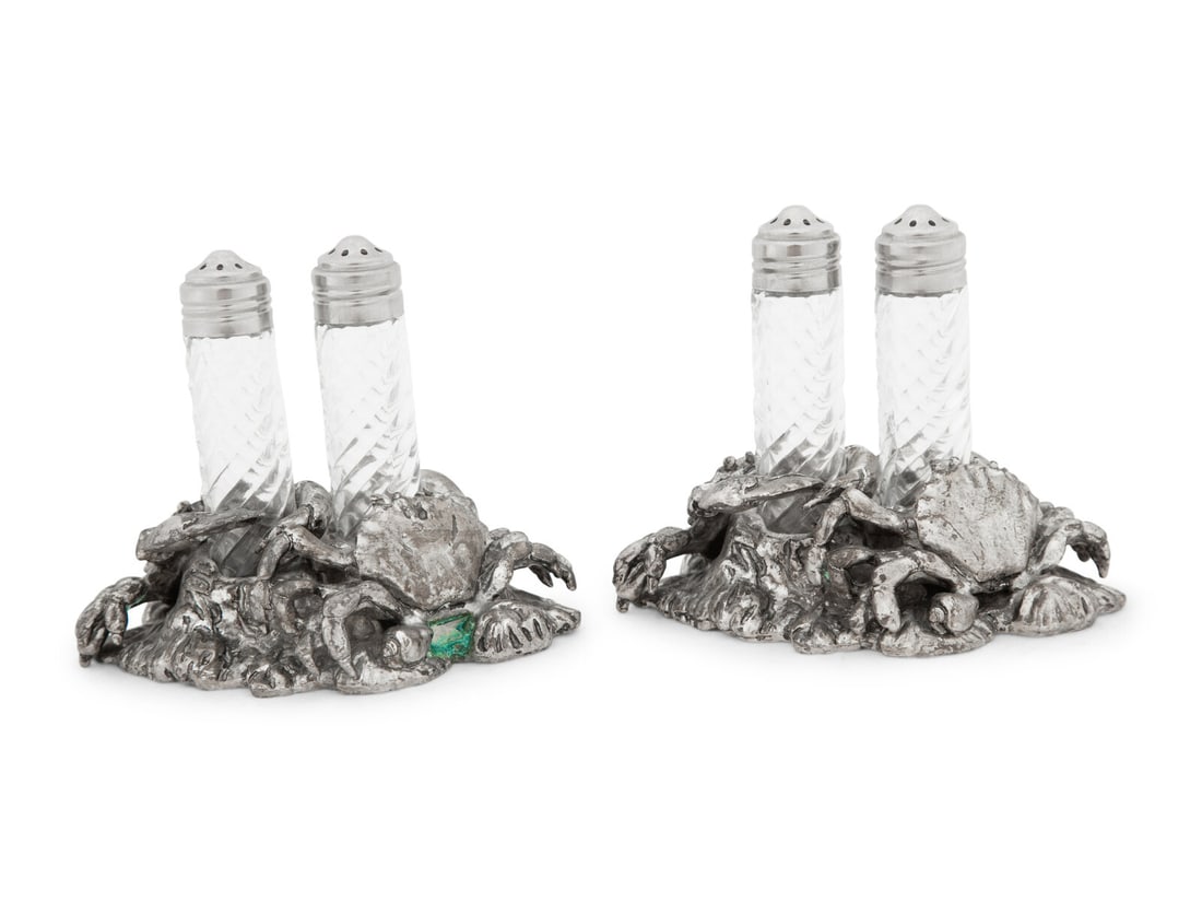 A Silvered Metal and Cut Glass 'Crab' Shaker Set (1 of 4)