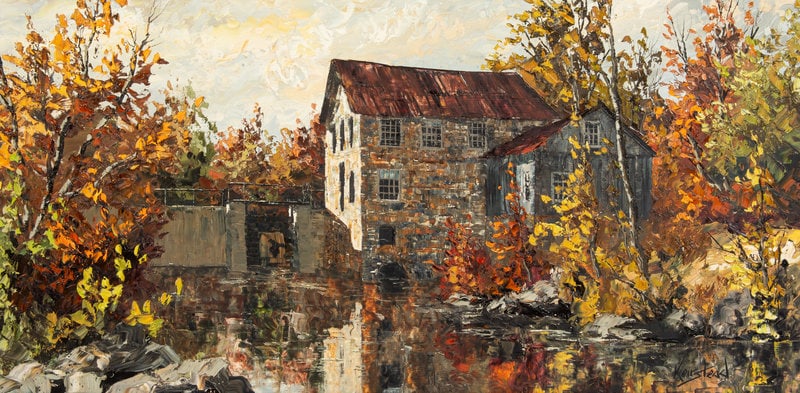 James Keirstead (American, b. 1932) Coxvale Mill: James Keirstead (American, b. 1932) Coxvale Mill oil on board signed Keirstead (lower right) 20 x 40 inches Property from a Private Collection Curated by Janet and Daniel Hidding