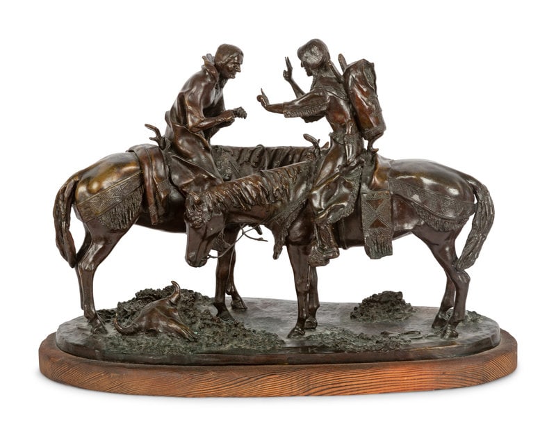 Leonard E. "Gus" Shafer (American, 1907-1985) Squaw Talk, edition 7/10, 1974: Leonard E. "Gus" Shafer (American, 1907-1985) Squaw Talk, edition 7/10, 1974 bronze signed Shafer, titled, numbered and dated (base) height 12 x width 17 x depth 8 1/2 inches