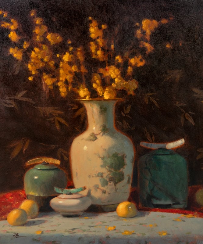 Brian Blood (American, b. 1962) Yellow Orchids: Brian Blood (American, b. 1962) Yellow Orchids oil on canvas signed BB (lower left) 30 x 25 inches Size 30 x 25 inches Condition Framed dimensions