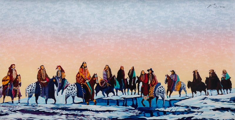 Earl Biss (Apsáalooke, 1947-1998) Turn of the Century Indians with New Hats and Old Hats (State: Earl Biss (Apsáalooke, 1947-1998) Turn of the Century Indians with New Hats and Old Hats (State I), edition 16/75, 1990 serigraph signed Biss (upper right); titled, numbered and dated (lower