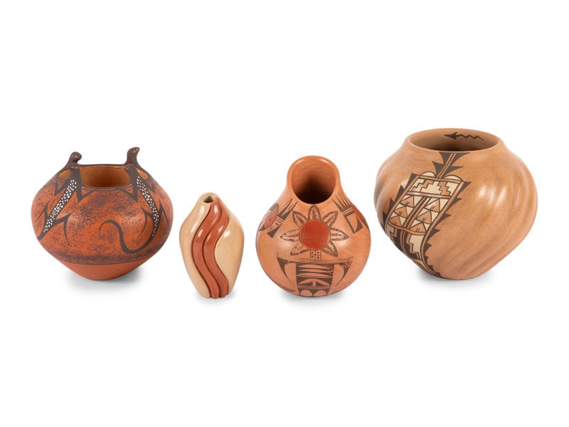 Collection of Pueblo Pottery: Collection of Pueblo Pottery lot of 4, includes:Avelia and Anderson Peynetsa (Zuni, b. 1964 / b. 1964)with appliqued lizards, signed on baseheight 5 inches x diameter 5 inches